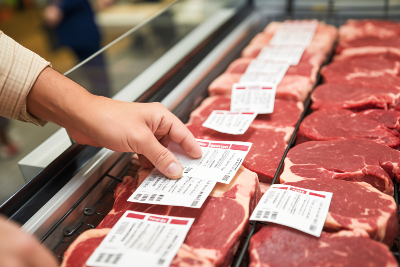 Fleischprodukte in der Kühlung werden mit Etiketten versehen