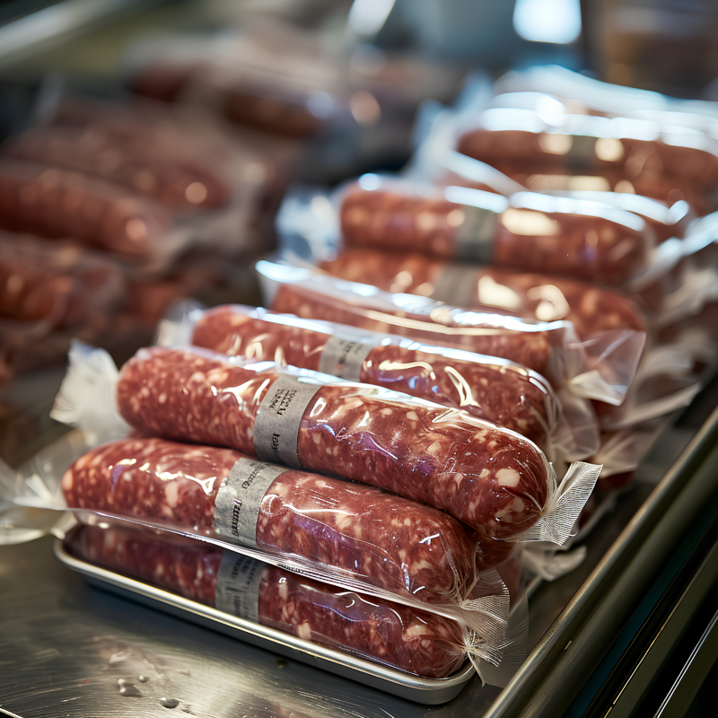 Vakuumverpackte rohe Bratwürste liegen in Reihen in einer Theke